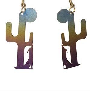 Soutwestern Ombre Cactus & Wolf Dangle Drop Earrings Desert Boho